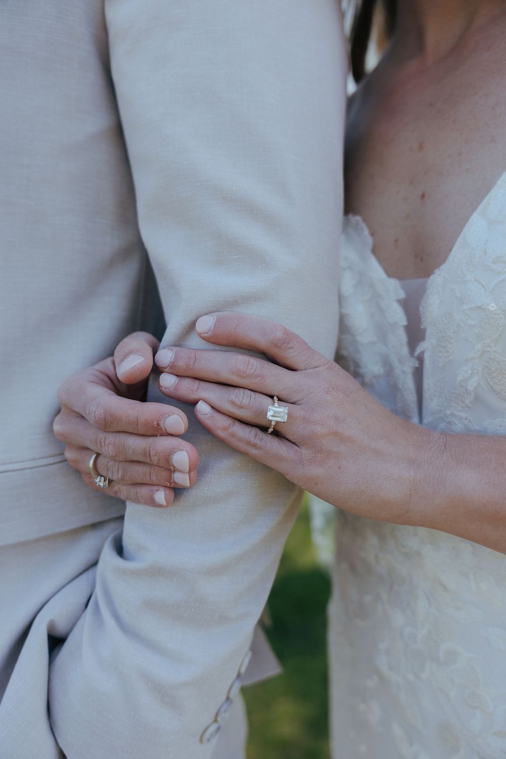 Close-up series of hands showing wedding rings and engagement rings in elegant detail.