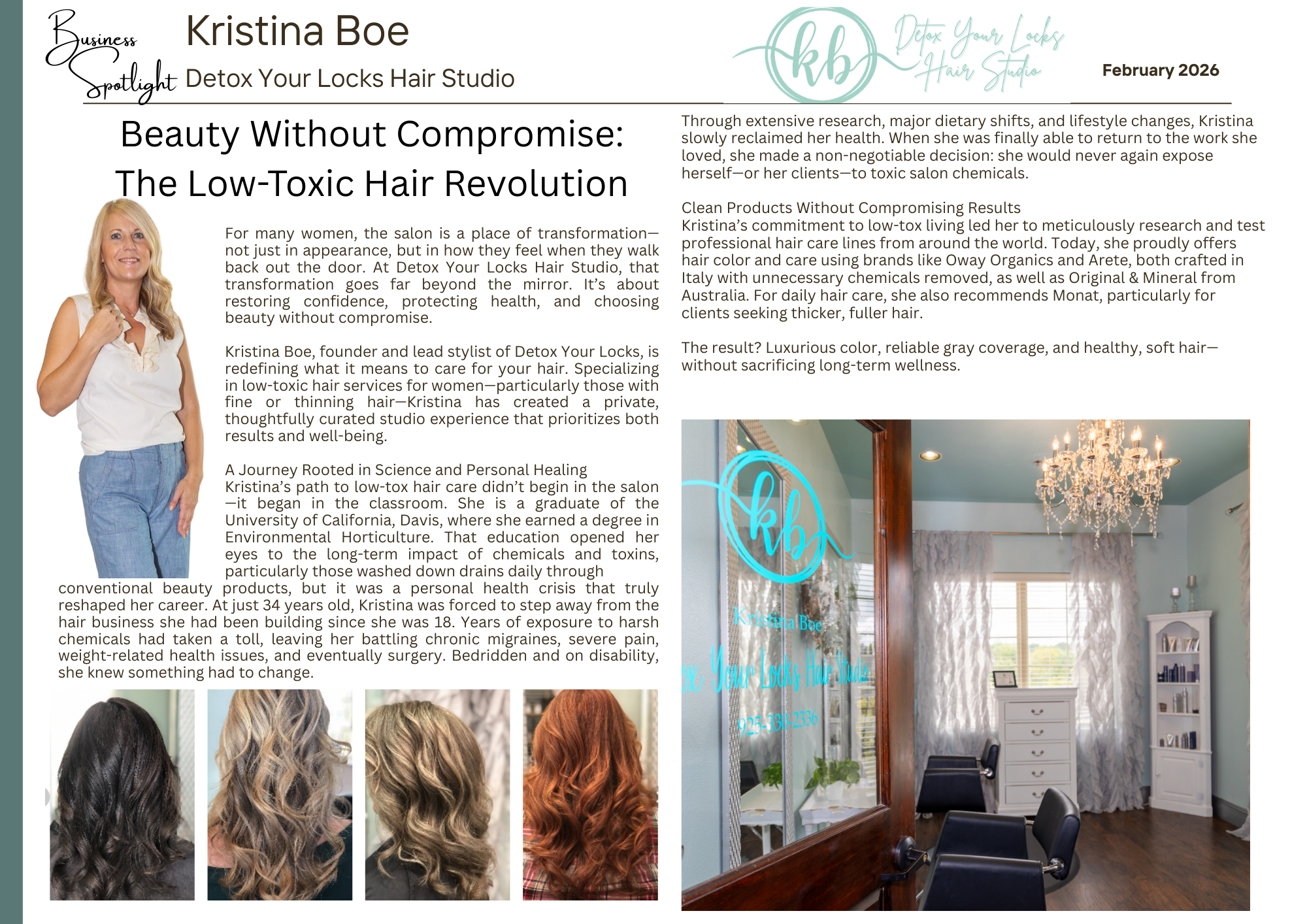 Magazine article layout showing hair salon interior with teal accents and before-after hair transformation photos.