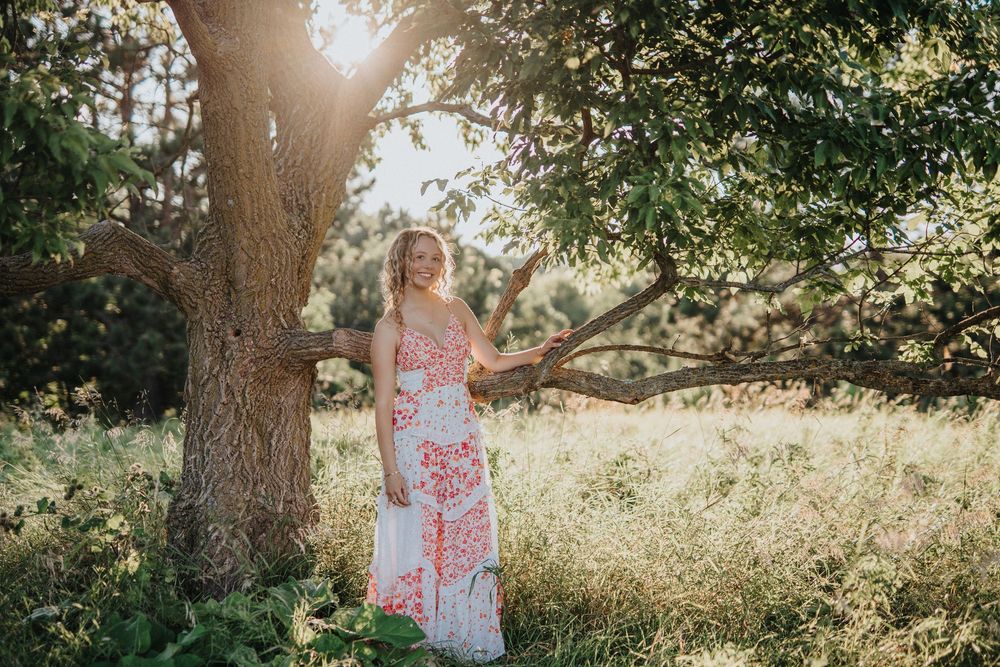 A sunlit meadow scene with a figure in a floral dress standing beneath tall trees during golden hour.