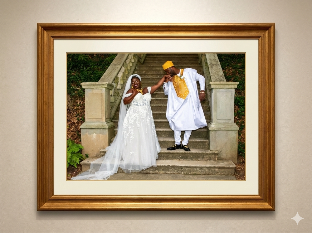 A series of framed wedding photographs showing couples walking up stone stairs in elegant white dresses and formal attire.