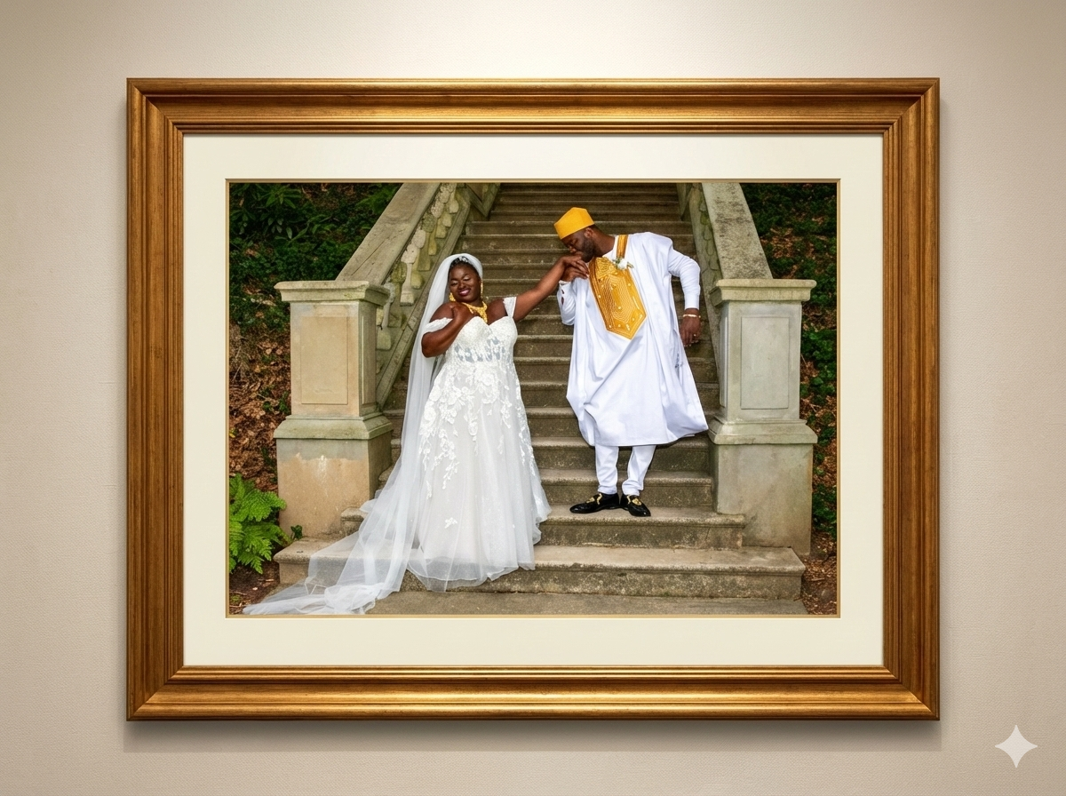 A series of framed wedding photographs showing couples walking up stone stairs in elegant white dresses and formal attire.