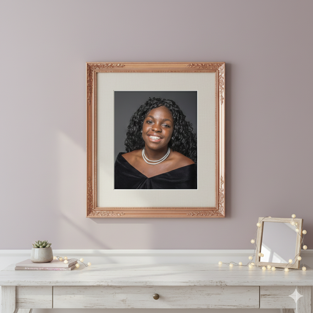 Framed portrait photographs displayed in a row on a white shelf against a light pink wall.
