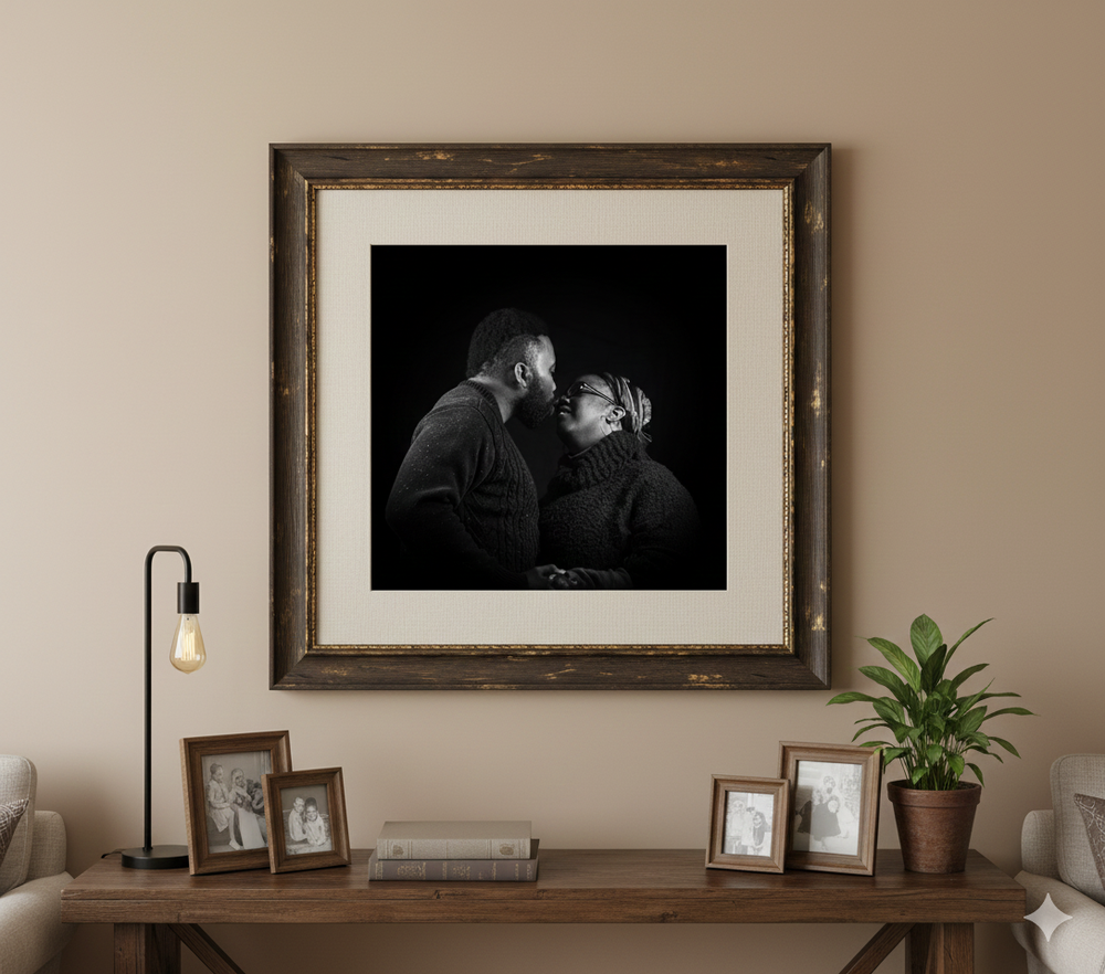 A framed black and white photograph hangs above a wooden console table decorated with small frames and a potted plant.
