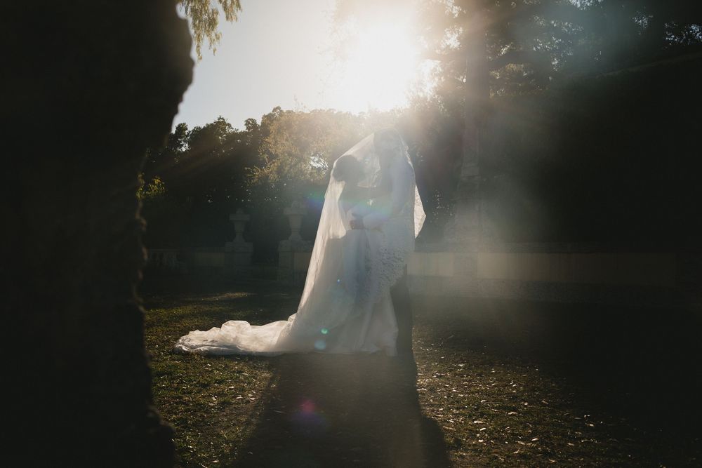 Bride in white wedding dress and veil backlit by golden sunlight in outdoor garden setting.