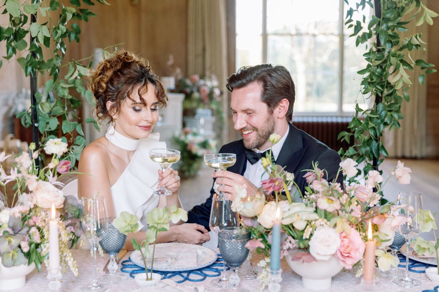 Bride and Groom enjoying drink in opulent tablescape at Findon House, by Maddie Waters Photography