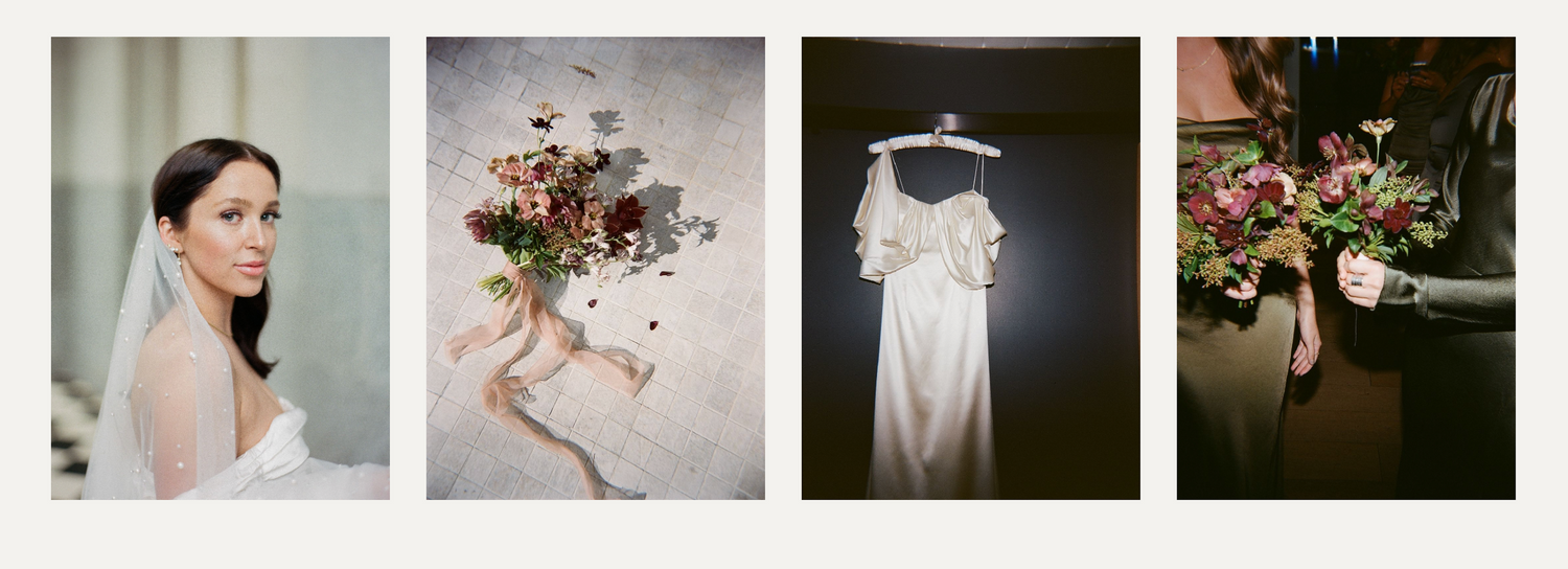 Artistic wedding photo collage featuring bridal details, florals and a hanging dress.