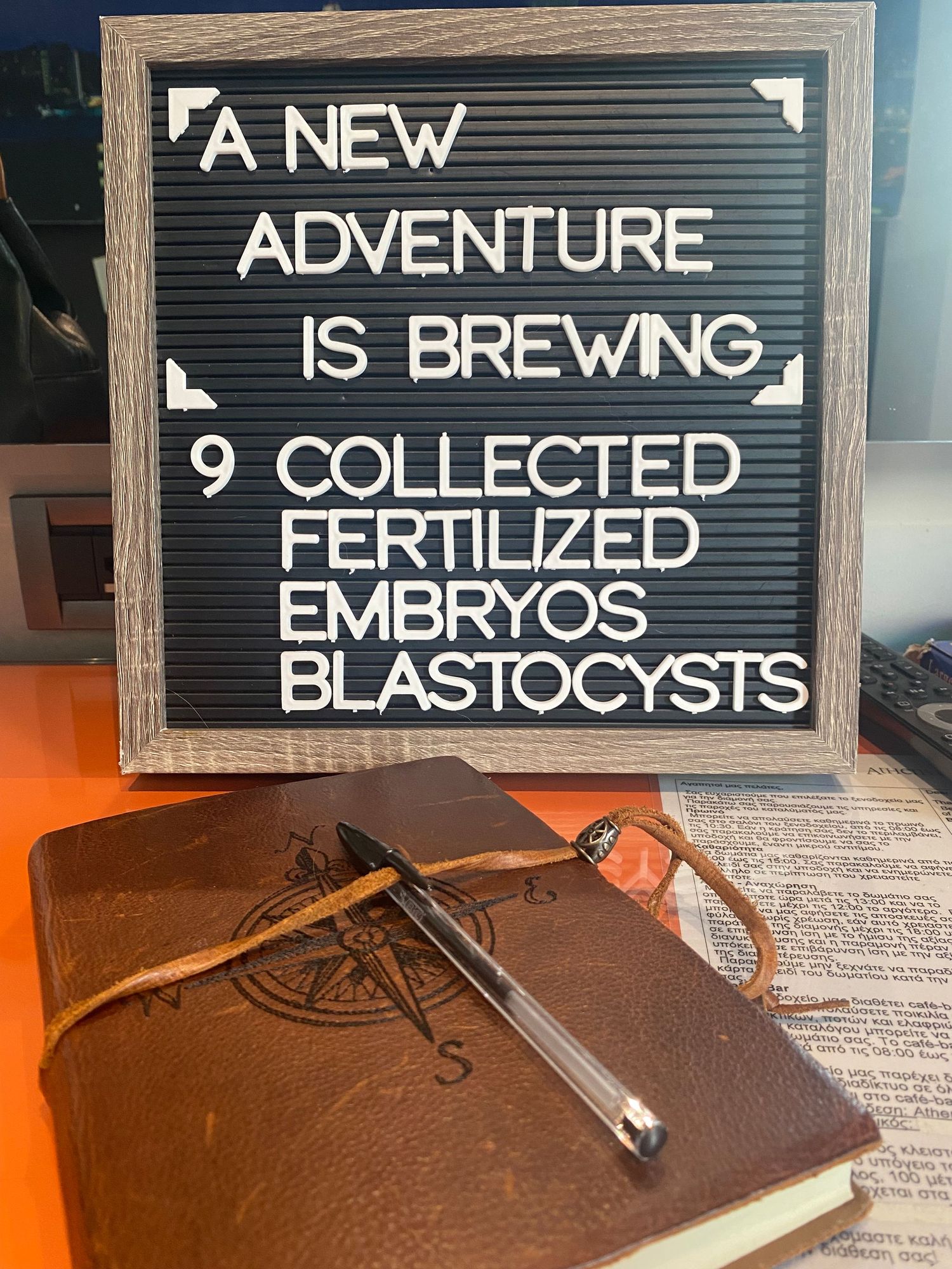 A series of chalkboard signs and a leather journal document the stages of IVF treatment and embryo development.