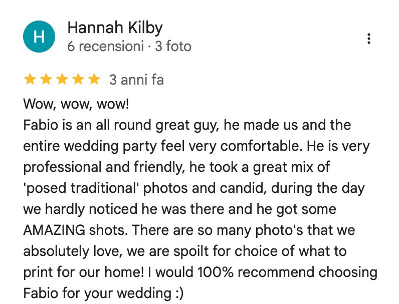 Erfahrung von Hannah Kilby: Fabio ist professionell und freundlich. Er hat eine tolle Mischung aus Tradition und spontanen Fotos geschaffen.