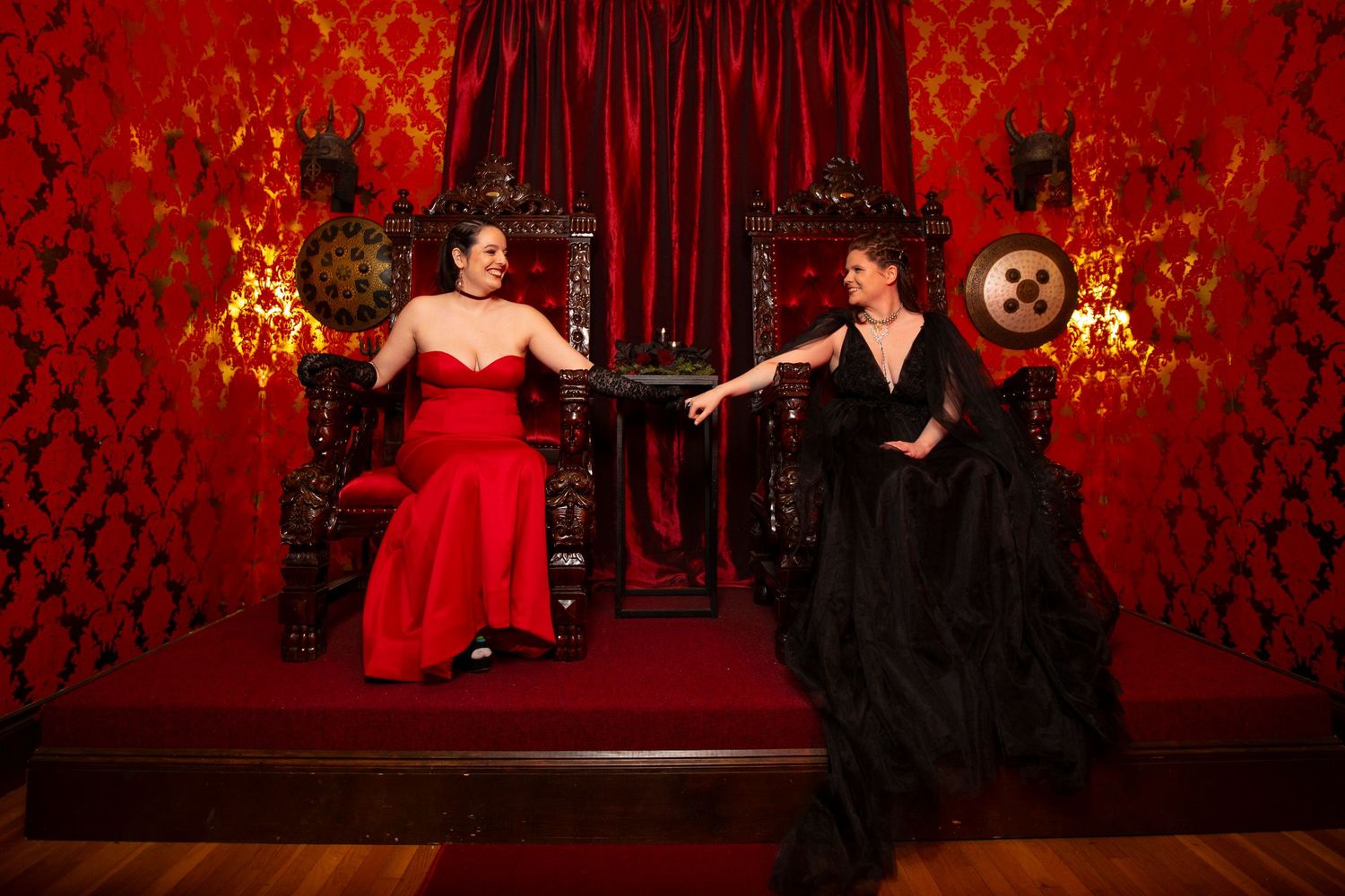 Bridal portraits in the throne room of the Satanic Temple headquarters.