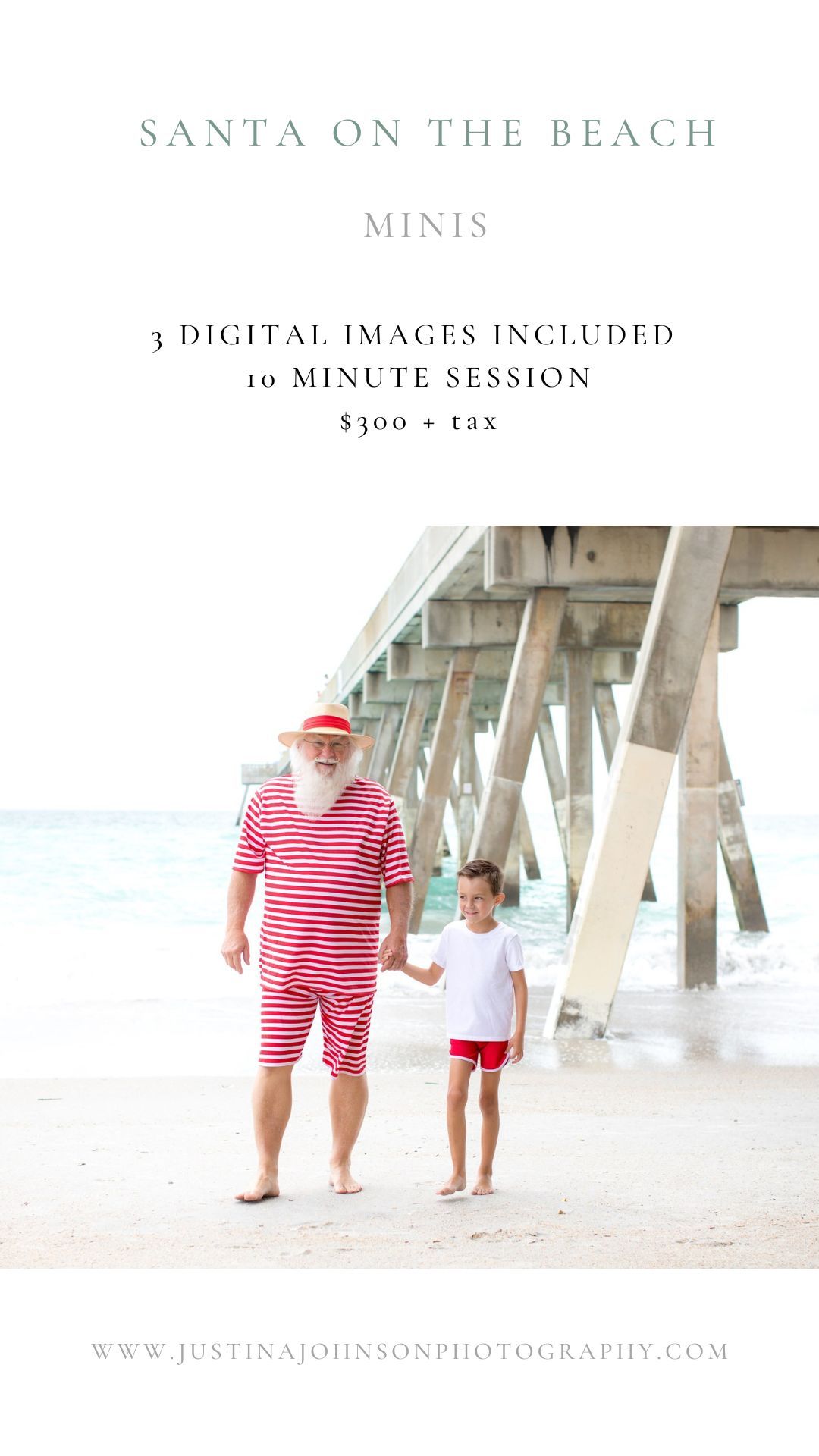 Photography session advertisement showing two people walking on beach under pier, offering 3 digital images for $300.