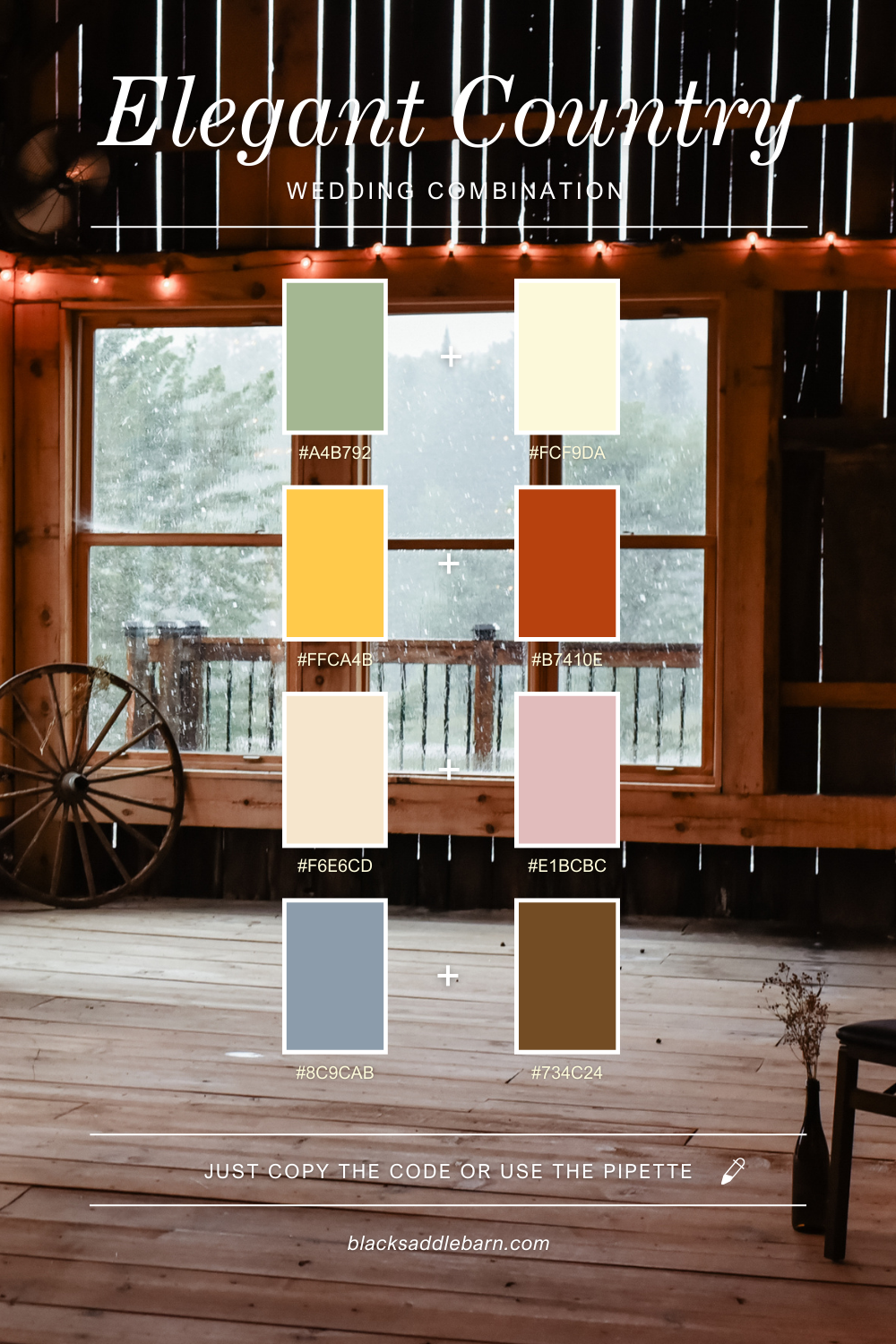 A rustic color palette featuring elegant country style with muted browns, grays and warm tones against a wooden interior setting.