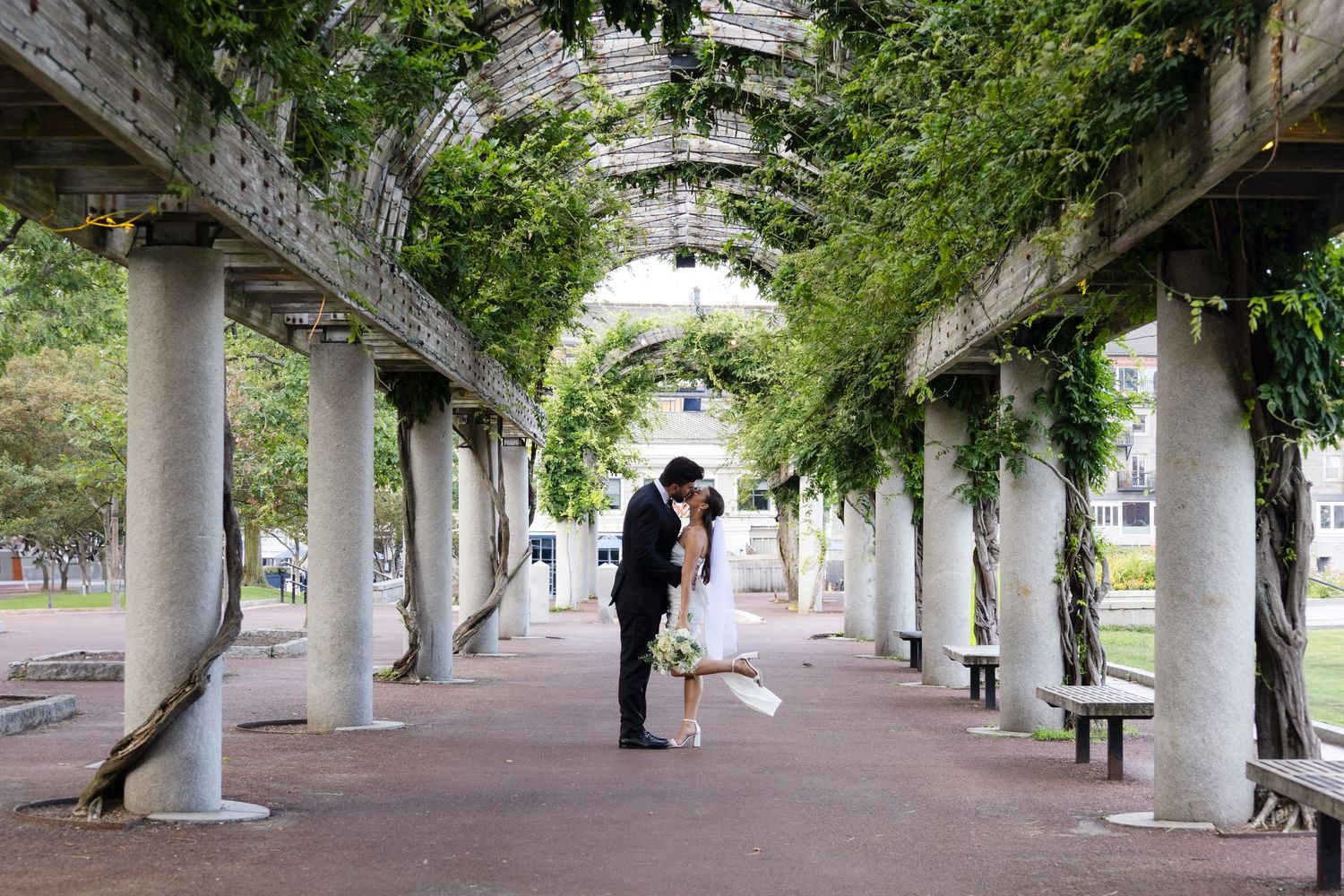 A couple embraces under a romantic vine-covered pergola walkway in a Boston garden setting.