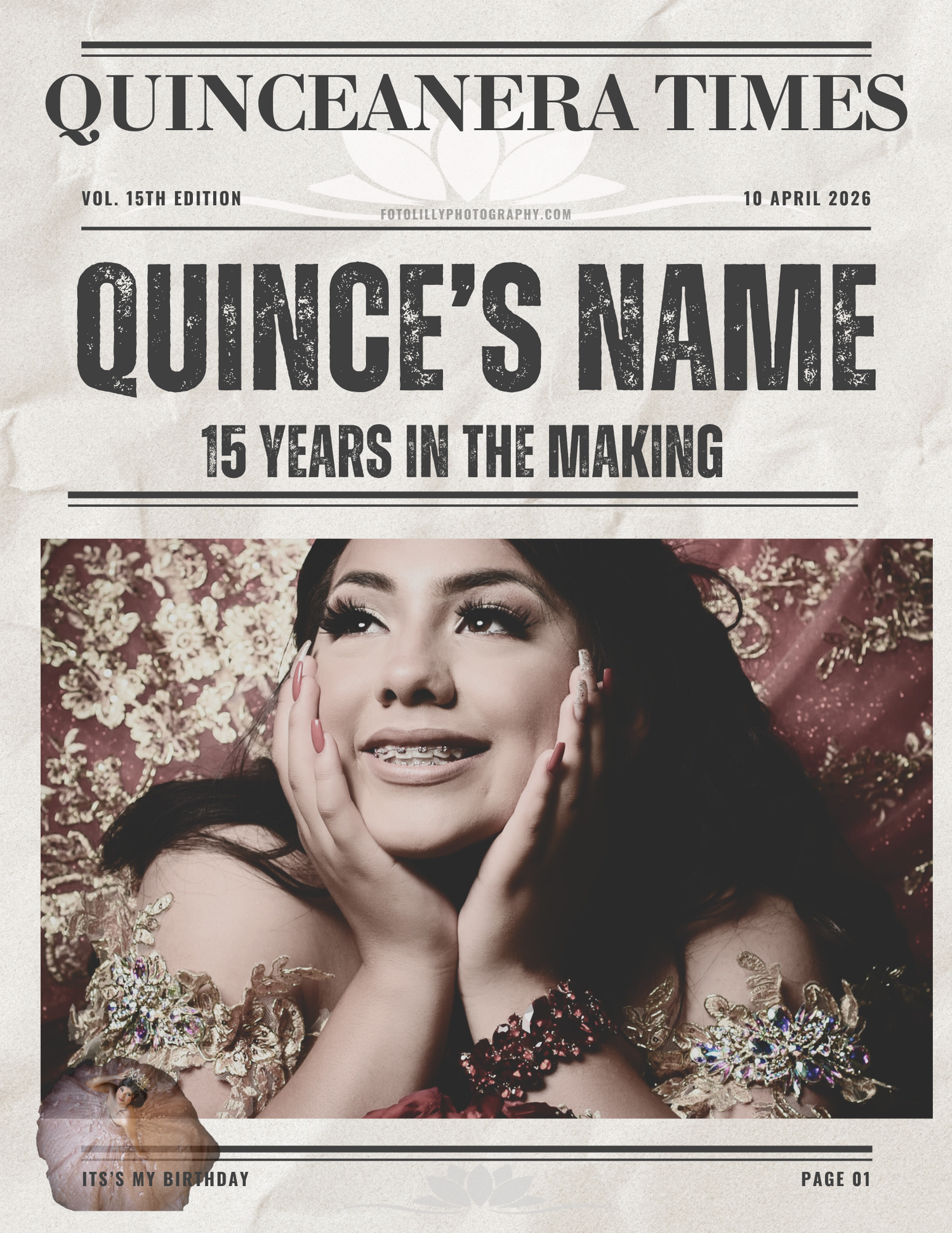 Premium quinceañera Save the Date newspaper interior layout with event timeline and keepsake pages