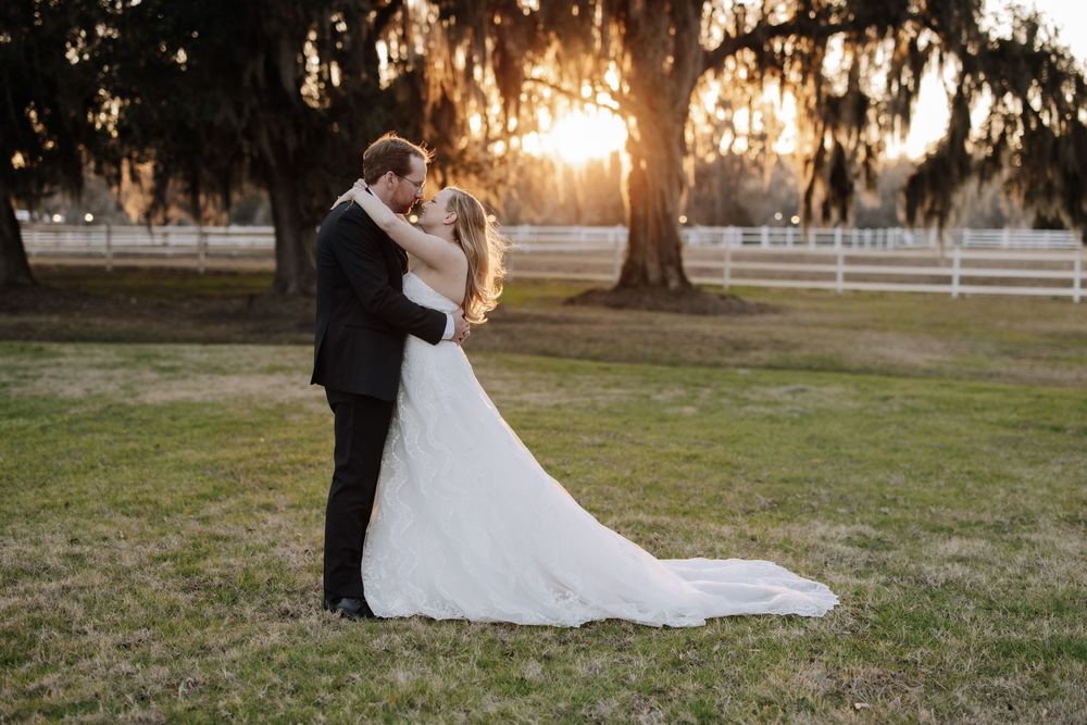 Couple in formal wedding attire embraces during sunset under Spanish moss draped trees at outdoor venue.