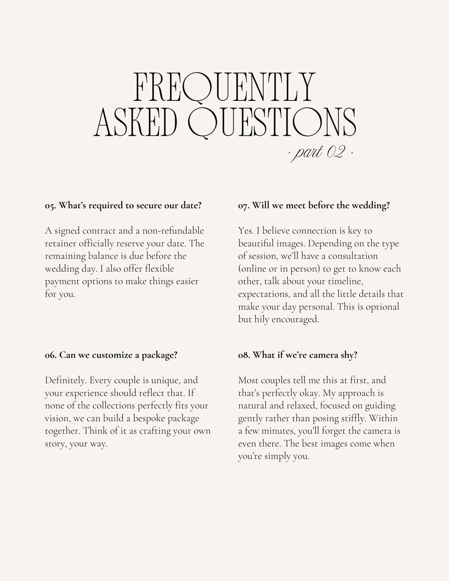 A close-up view of text on a white page showing frequently asked questions and answers in a clean layout.