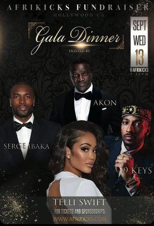 A promotional poster for Afrikicks Fundraiser Gala Dinner featuring entertainment performers.