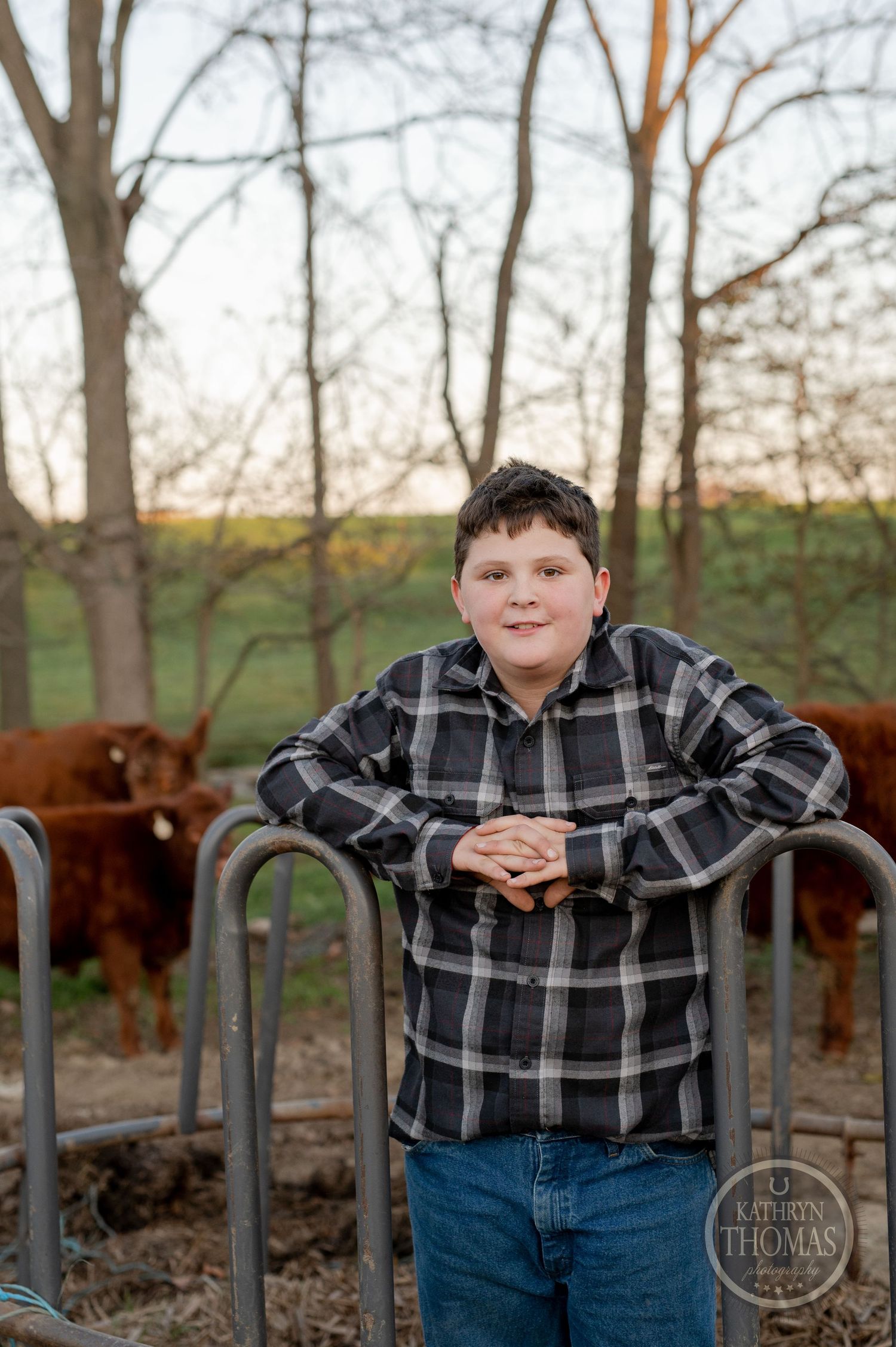 Person in plaid flannel leans on metal farm gates with cattle visible in the wooded background.