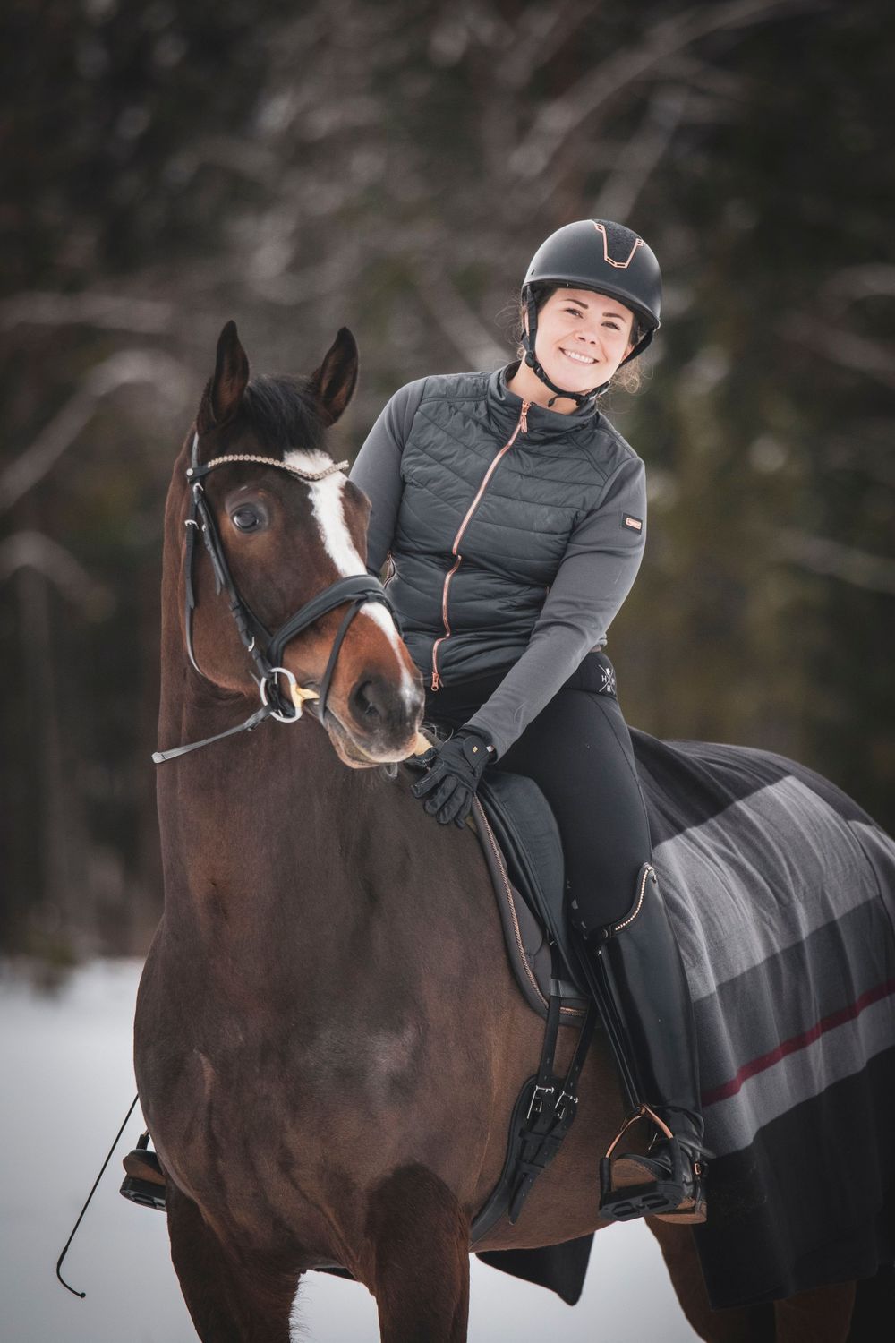 A beautiful dark bay horse with white blaze wearing winter riding gear in snowy setting.