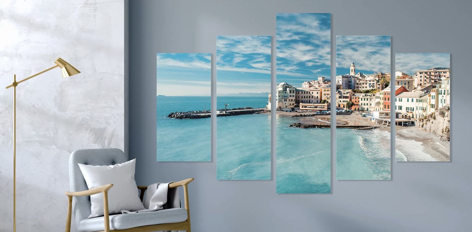 Asymmetric five-panel metal photo print collage showing a beach scene for home decor. Vivitu custom wall art.
