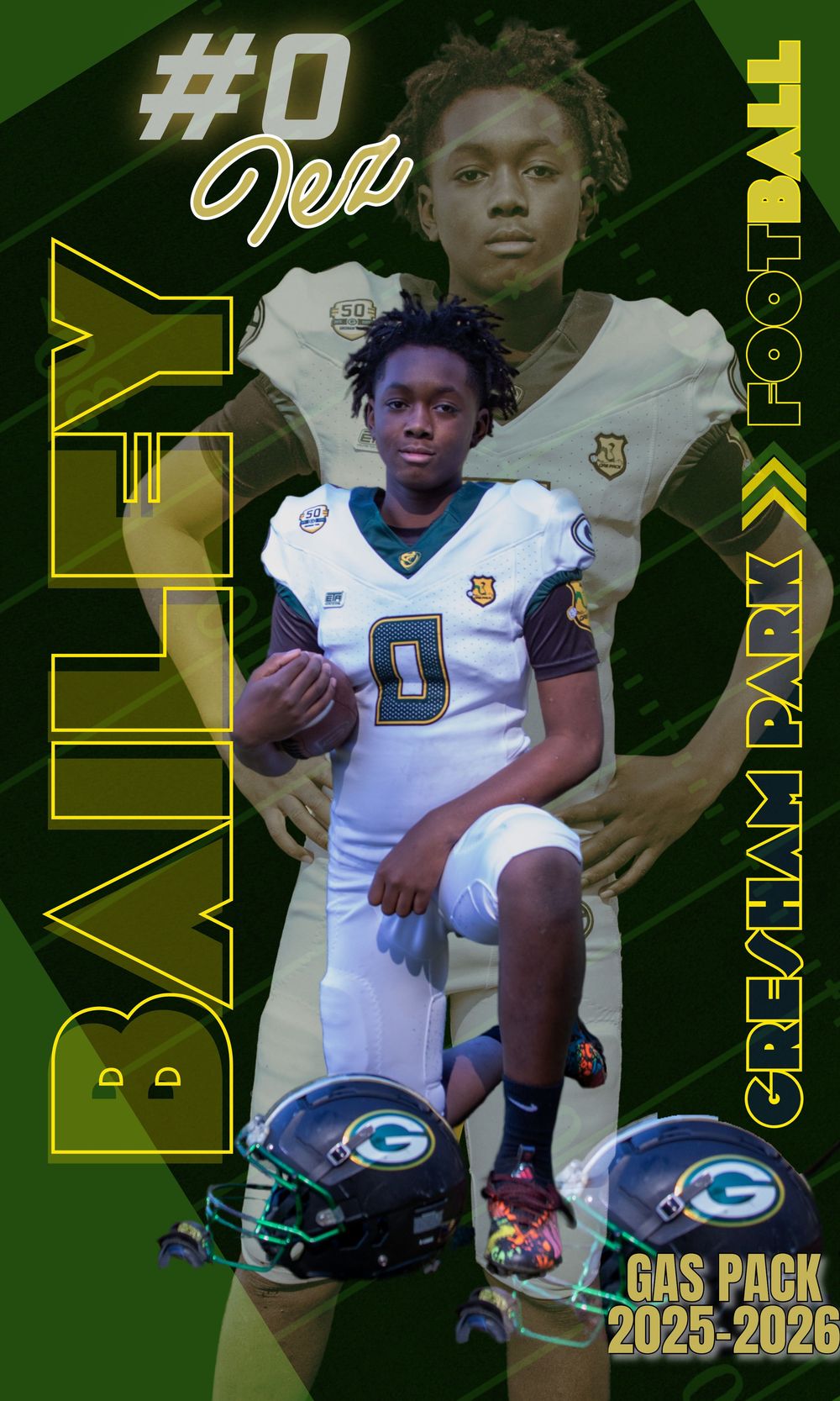 Football player poses in white uniform with green and gold accents against dark background.