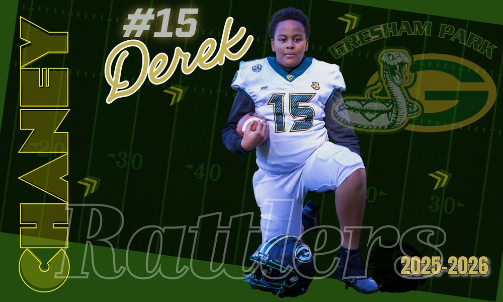 A green and gold sports banner featuring the number 15 and athletic branding elements.