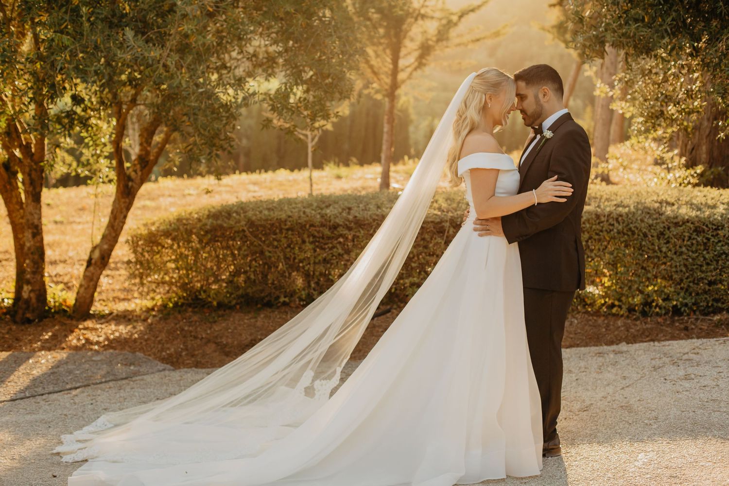 A bride and groom share a romantic moment in golden sunlight, surrounded by lush trees, as her long veil trails behind.