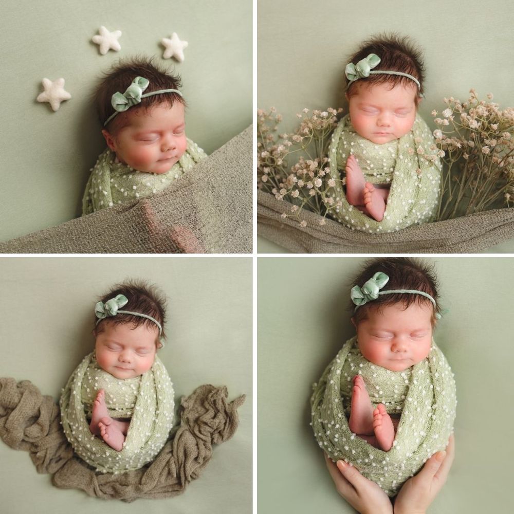 Newborn photography session featuring sage green wraps, delicate floral headpieces, and soft neutral backdrops.