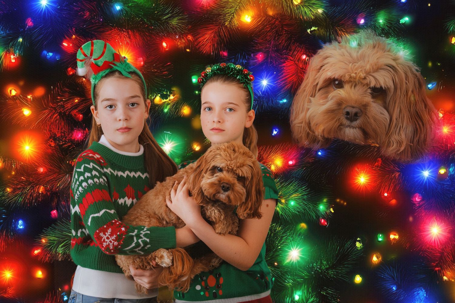 Two girls wearing christmas jumpers holding a puppy with a floating puppy head, against a christmas tree background with warm lights.