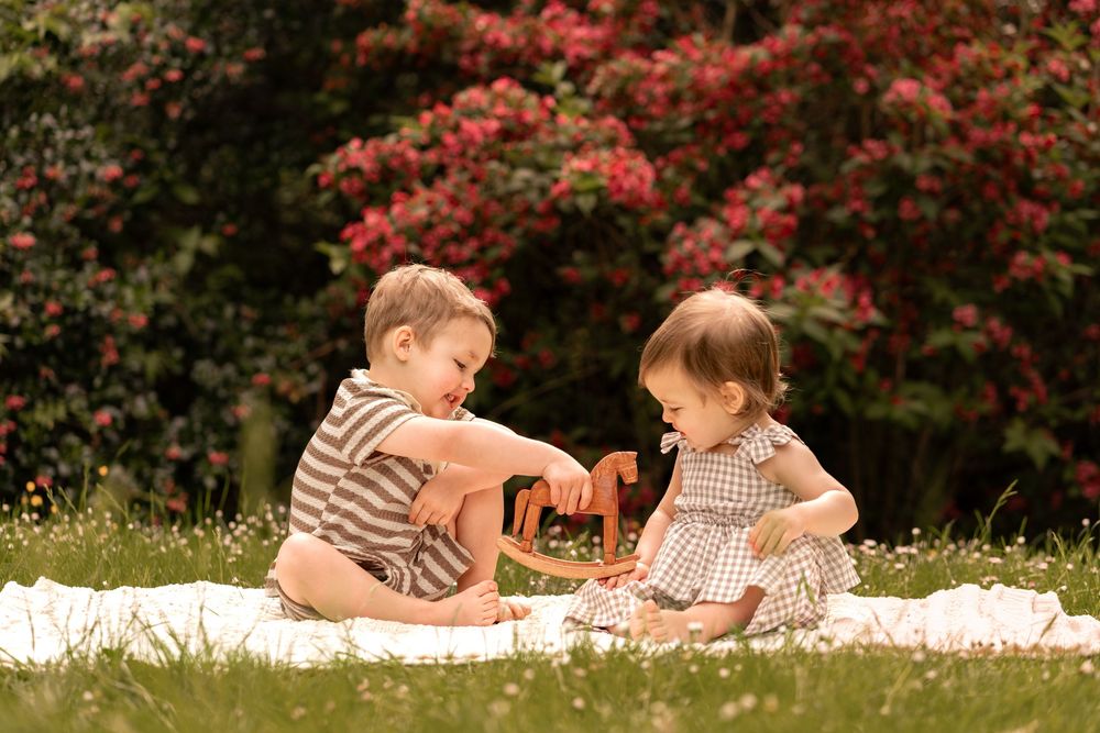 Two toddlers sitting on a white blanket in a garden, playing together near colorful red flowering bushes.