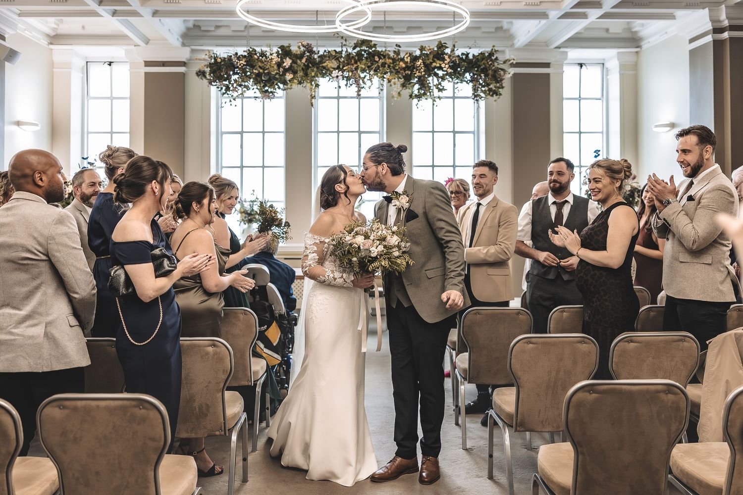 Relaxed wedding couple interaction.