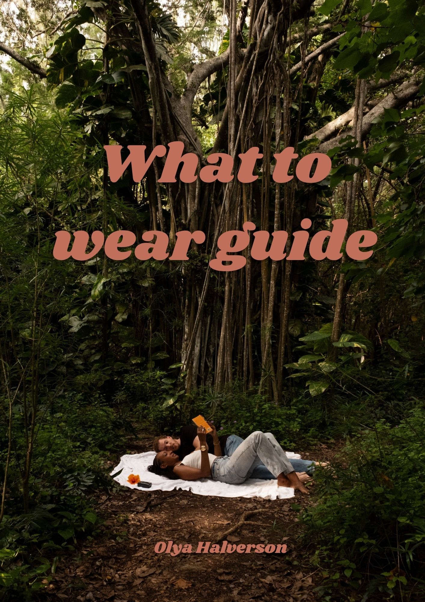 Hawaii beach photography outfit guide cover featuring a couple relaxing in a tropical forest on Oahu's North Shore.