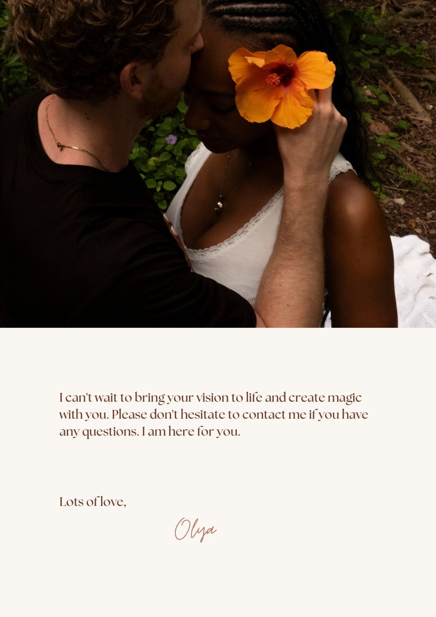 Couple sharing an intimate moment during a North Shore Oahu couples photography session featuring a vibrant orange hibiscus flower.
