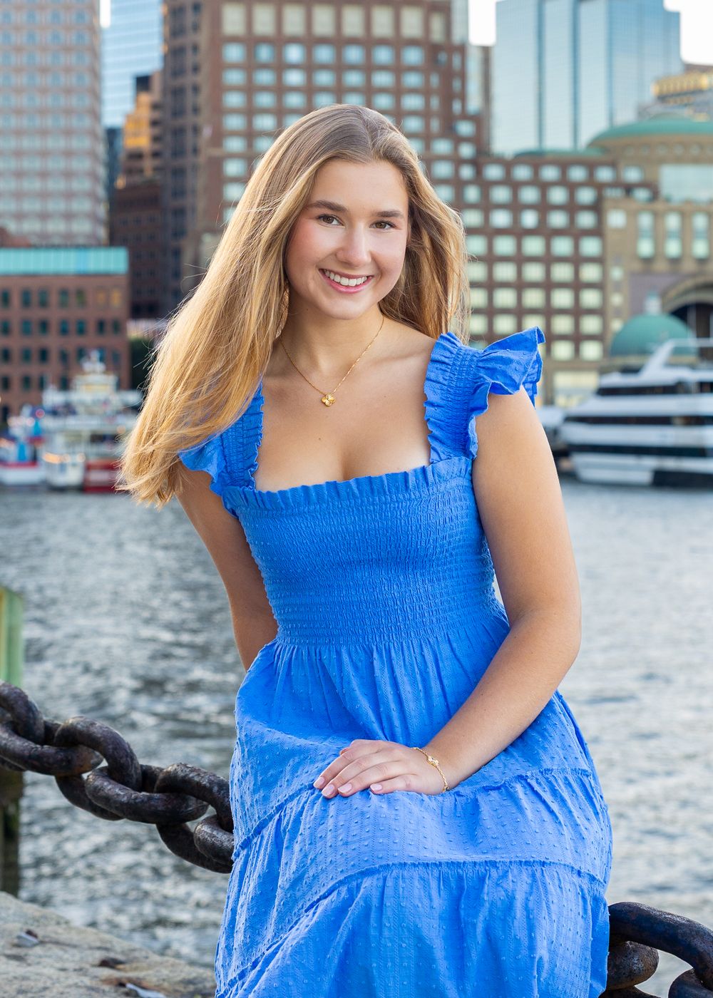 High school senior from Weston High School poses for yearbook photos at Fan Pier Boston. Serving Wayland High School, Concord Carlisle.