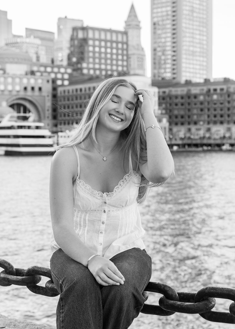 High school senior from Weston High School poses for yearbook photos at Fan Pier Boston. Serving Wayland High School, Concord Carlisle.
