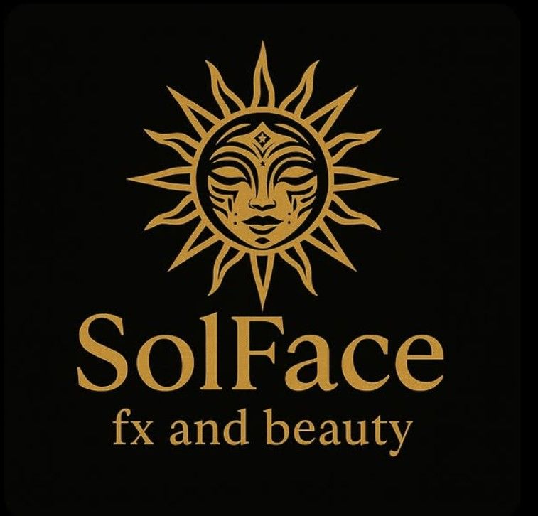 Gold sun face logo for SolFace FX and Beauty on black background.