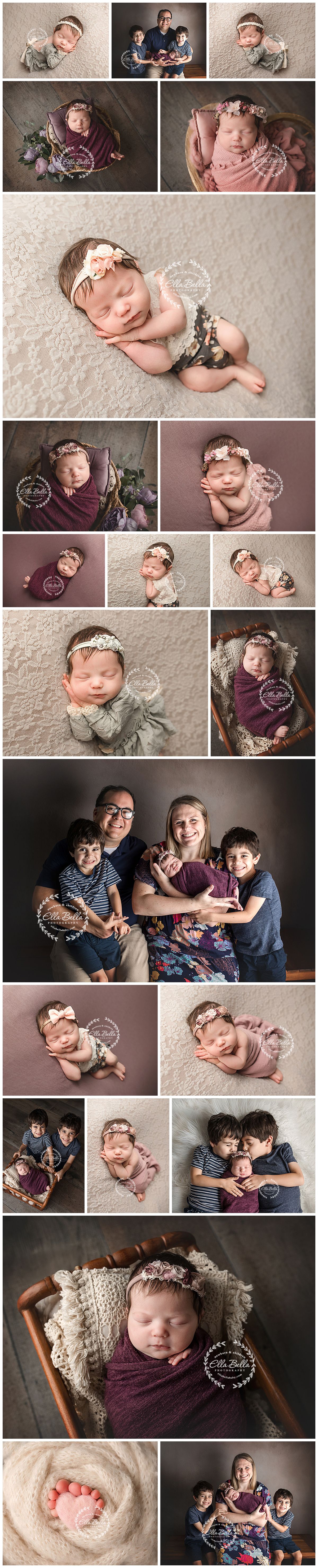 Newborn baby girl photography collage featuring family portraits, siblings, and posed newborn shots with floral headbands in mauve tones.