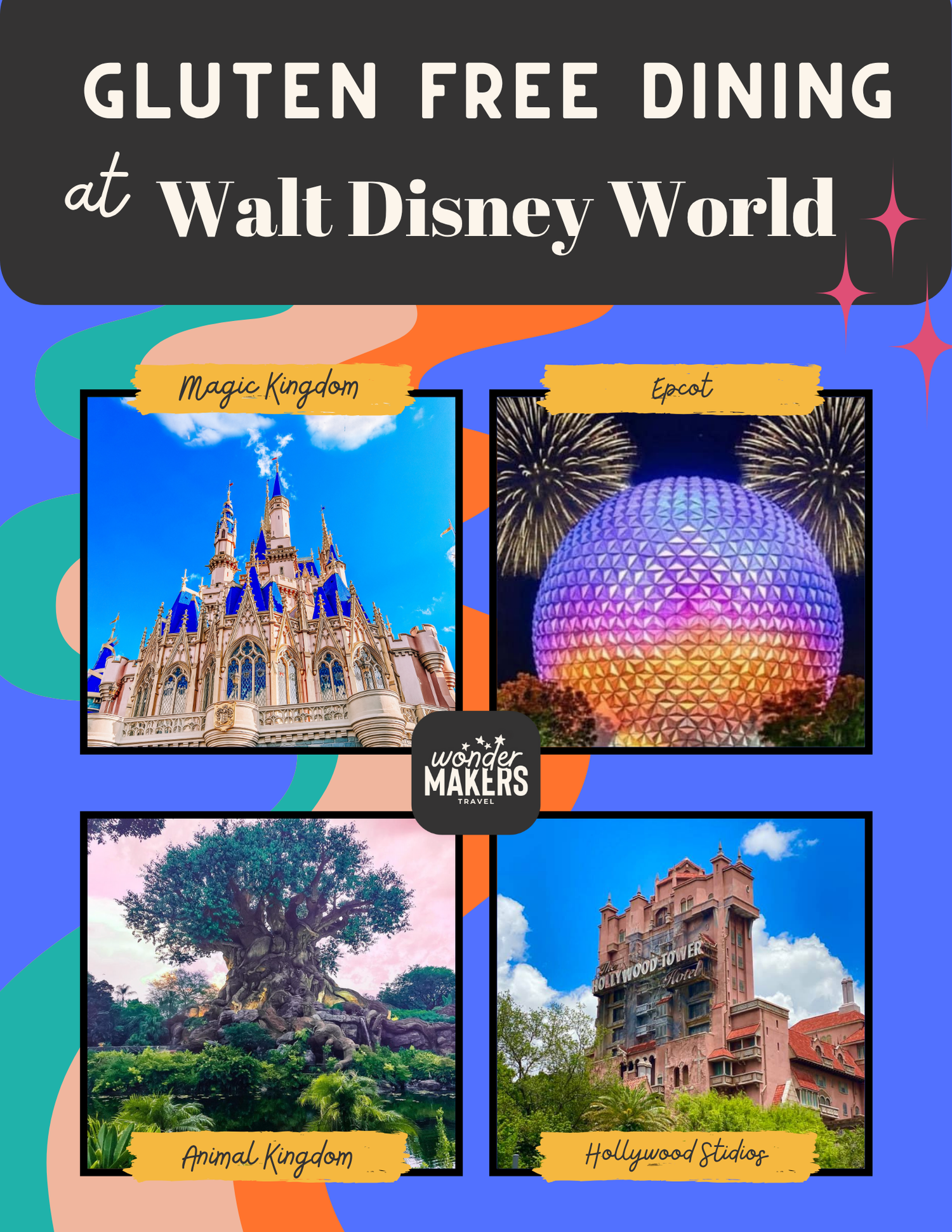 Information graphic showcasing gluten-free dining options at Walt Disney World theme parks.