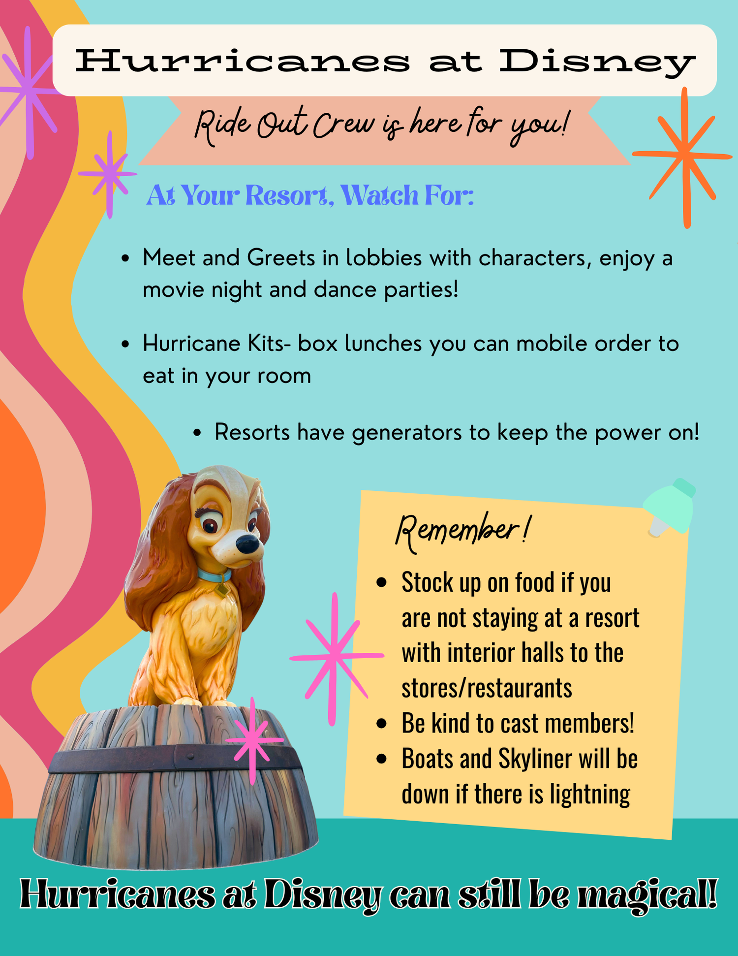 Disney World hurricane preparedness guide featuring an animated character in a barrel with tips and safety information.