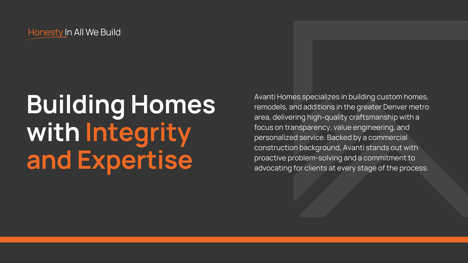 Construction company marketing strategy description and "Honesty in all we build" tagline.