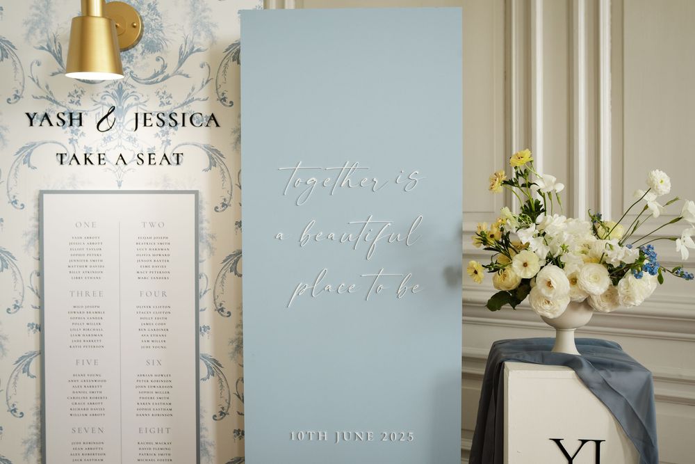 Light blue wedding seating chart display with elegant calligraphy and floral wallpaper.
