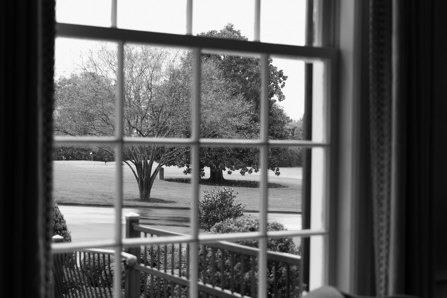 Black and white view through a window pane showing porch railing and trees in a suburban yard.