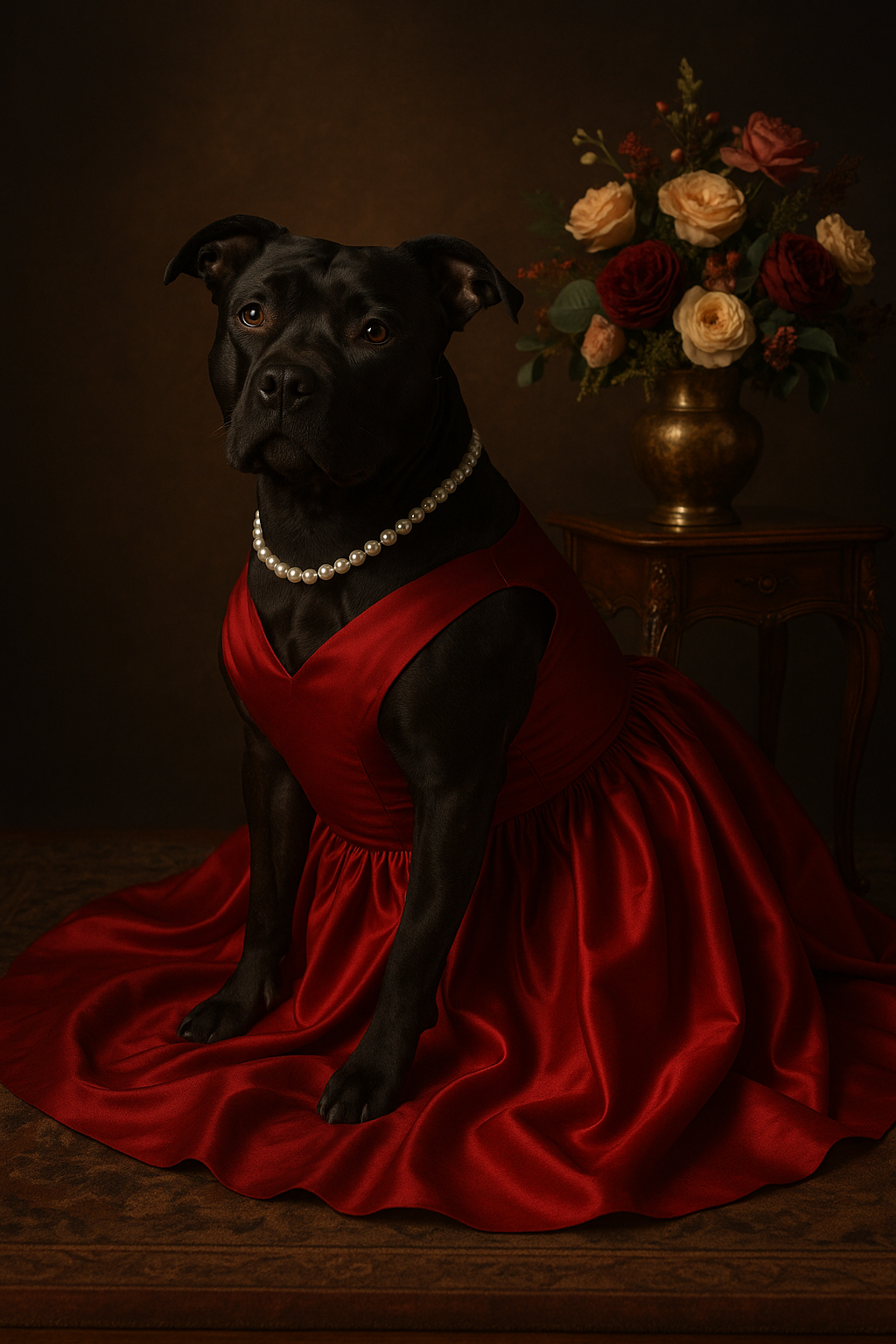 Black dog wearing dramatic red dress posed regally next to floral arrangement in classical portrait style.