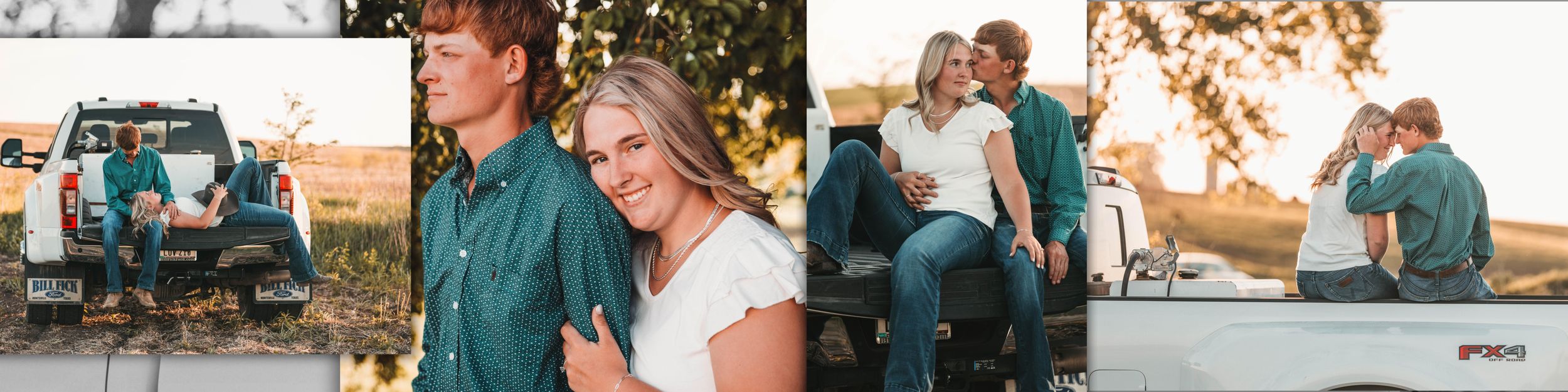 A couple in teal shirts share intimate moments during an outdoor photo session at golden hour in a natural setting.