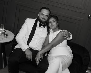 Candid black and white portrait of newlyweds at The Coffee Grind in Massapequa