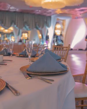 Elegant table settings with folded napkins and place settings at a formal reception.
