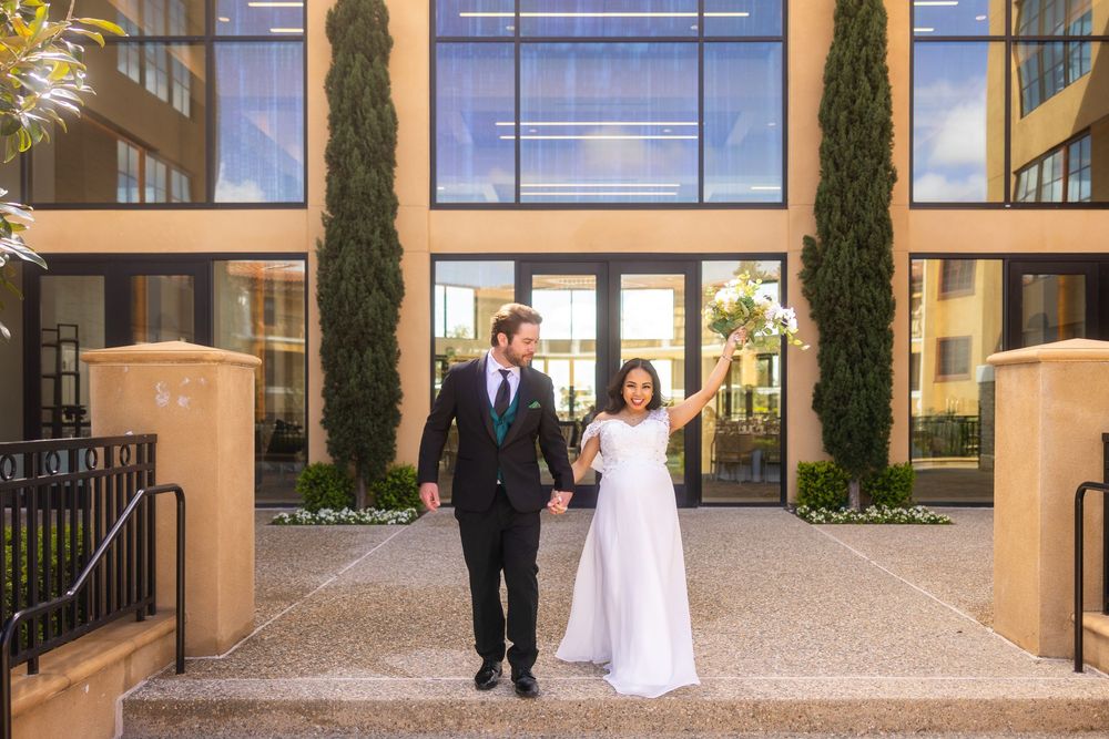 A collection of outdoor wedding venue photos with elegant Tuscan-style columns at sunset.