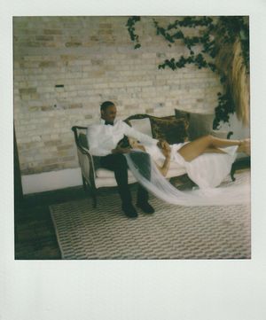 A figure in dark clothing lies on a patterned carpet near a brick wall as seen in a series of vintage-style photos.