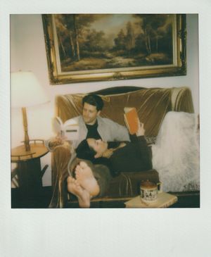 Vintage Polaroid photo showing someone lounging on a brown sofa with a landscape painting mounted on the wall above.