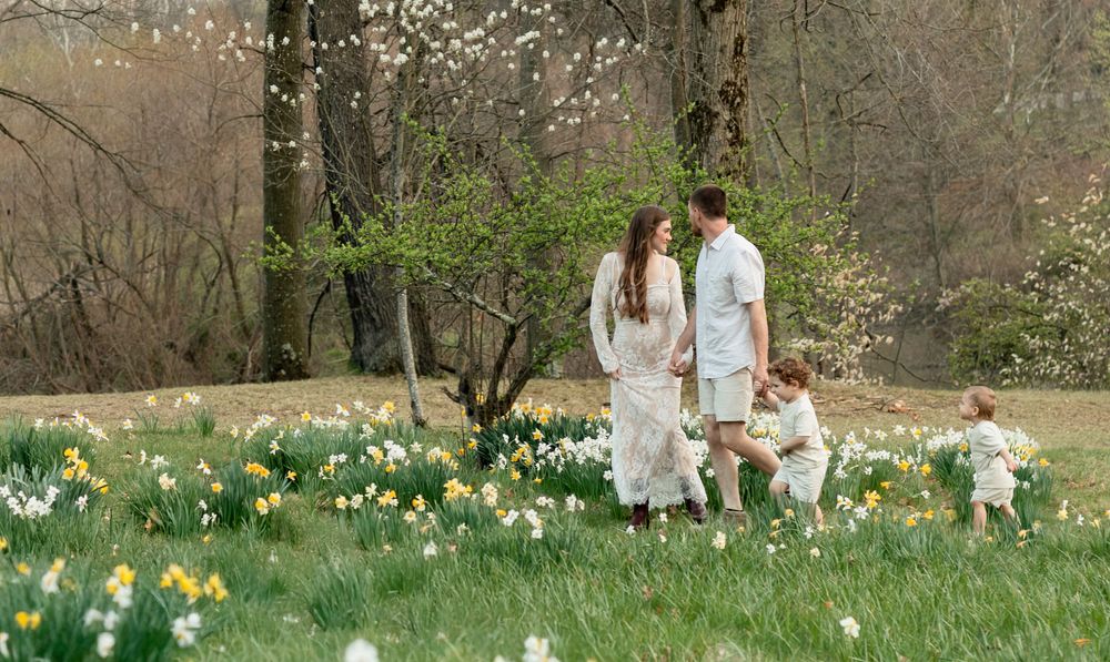 A couple in white outfits walks together through a blooming daffodil garden in a woodland setting during springtime.