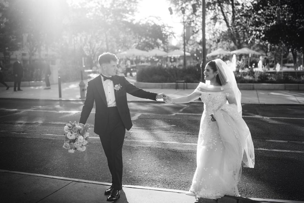 Romantic black and white wedding portrait near Fitler Club Philadelphia, capturing timeless elegance and city charm.